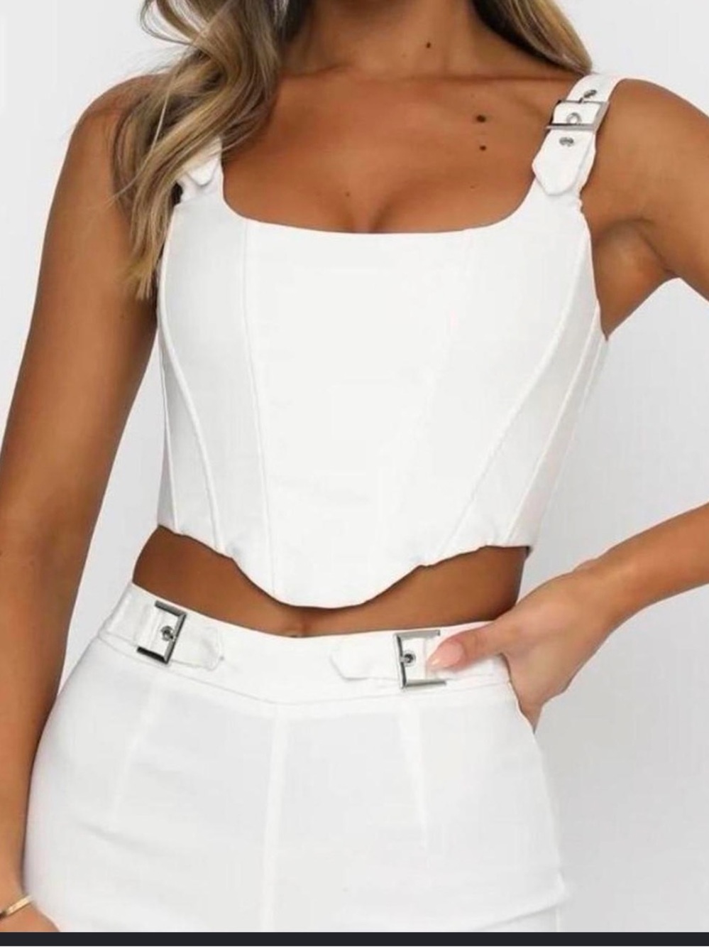 White Fox Boutique White Buckle Strap Corset Crop Top